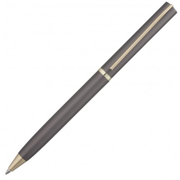 Ручка шариковая Slim с футляром, серая с золотистыми элементами